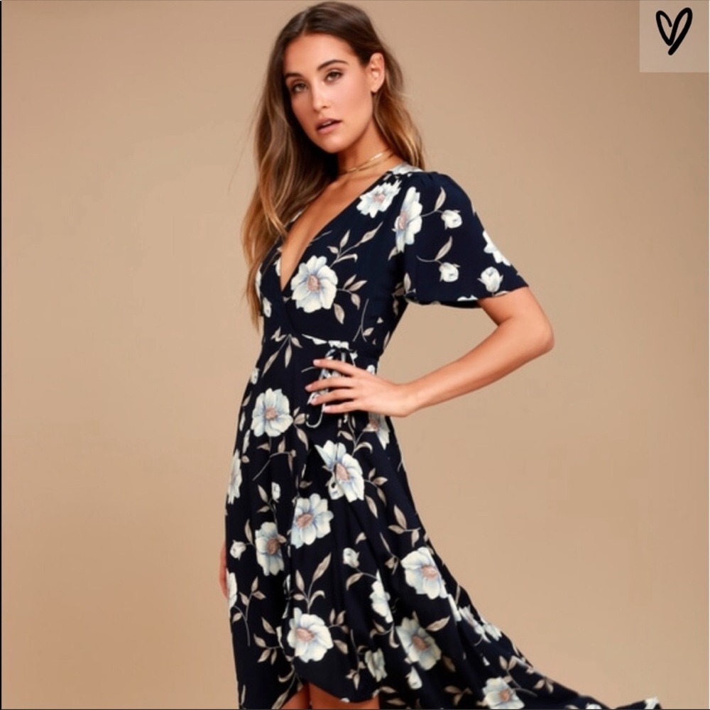 Lulus Lake Como Navy Blue Floral Print Dress